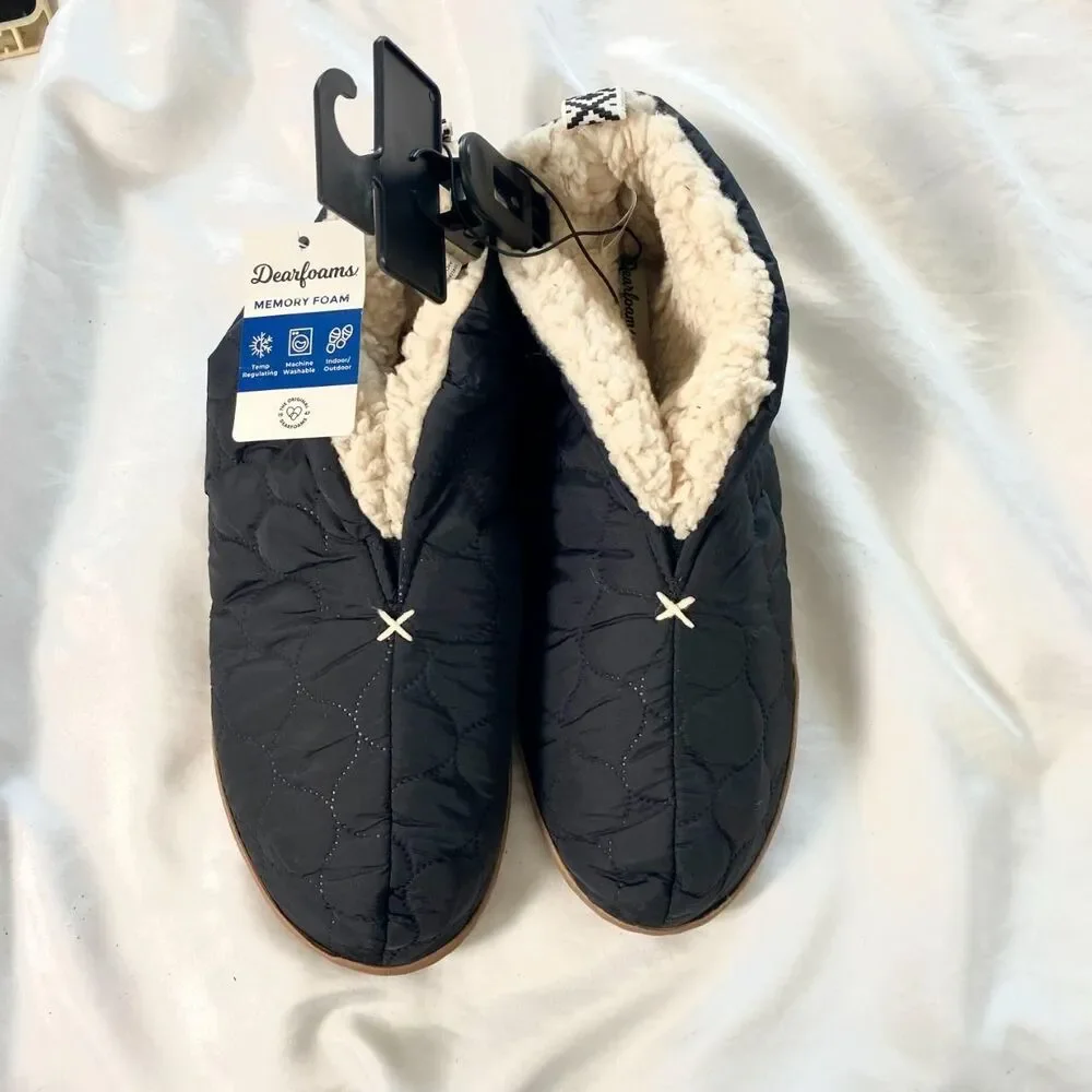 Dearfoams Men's NWT Black Cream Faux Fur Lined Warm Winter Shoes US 11 - 12